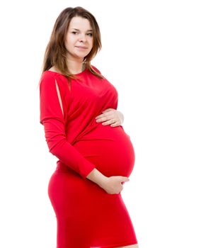beautiful pregnant girl in a red dress on white background