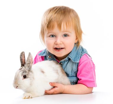 smilling baby and easter bunny on white background