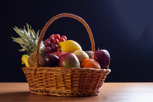 Bunch of exotic fruits in a big basket