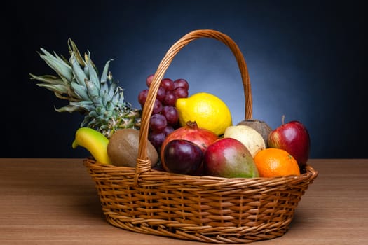 Bunch of exotic fruits in a big basket