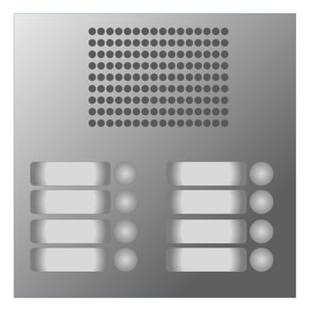 Grey metallic intercom with several nameplates in white background