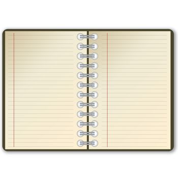 Open notebook with blank page in white background