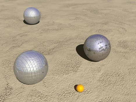 Three metallic petanque game balls and small jack on the sand by sunny day