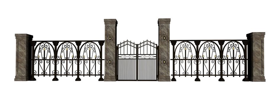 Closed big iron gate in white background