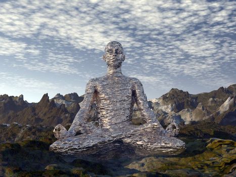 Man meditating in the mountain by morning light