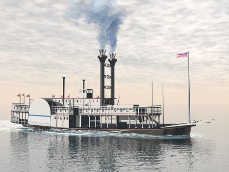 One old riverboat floating on the water by cloudy day