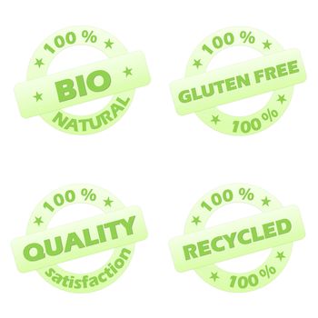 Set of four green ecological stamps isolated in white background