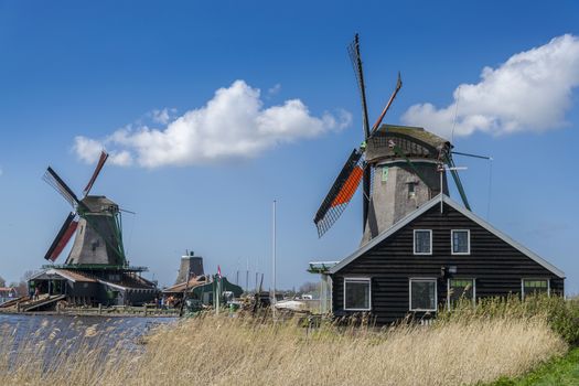 View of two windmills in Zaanse Schans near Amsterdam