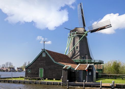 View of a windmill in Zaanse Schans near Amsterdam