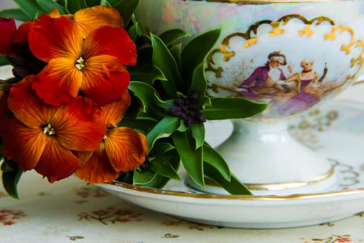 cup of tea  with flowers a dog-violet
