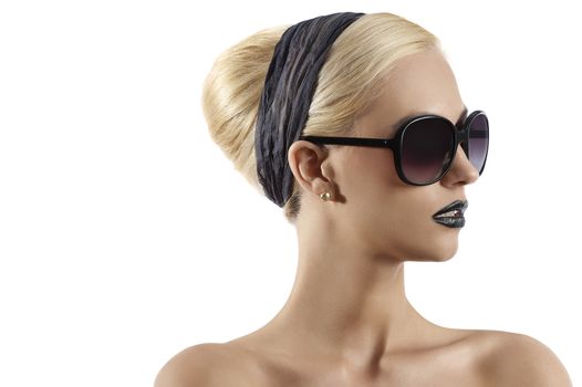 fashion portrait of young blond woman with hair style black lips and wearing sunglasses against white background