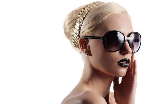 fashion portrait of young beauty woman with sunglasses and black lips looking surprised