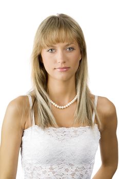 beautiful young woman in white dress and a necklace