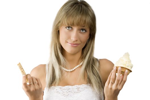 beautiful girl in hesitation to choose between sweet or diet food