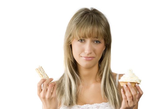 beautiful girl in hesitation to choose between sweet or diet food