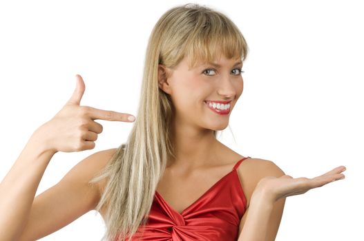 beautiful and smiling woman in red dress presenting a virtual product on white