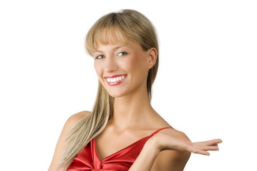 attractive and smiling woman presenting a virtual product on her hand