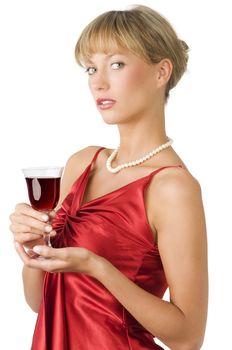 fine portrait o upscale lady in red dress and a glass of red wine