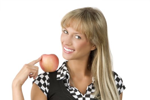 nice blond girl with a red apple on her shoulder looking in camera smiling