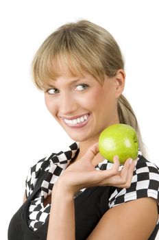 pretty blond woman with a green apple biting one lip of her mouth