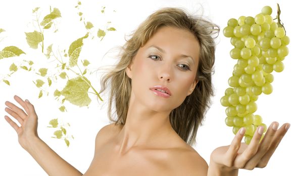 pretty and sensual blond girl with a big grape near and some flying leaves grape