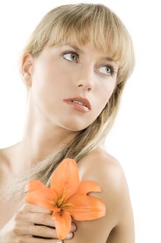 nice young woman isolated on white with an orange flower