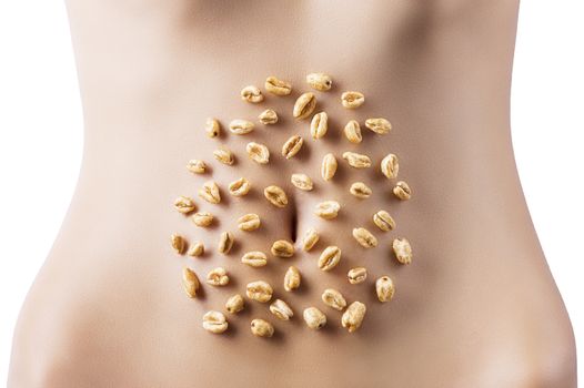 round composition of puffed wheat around the navel