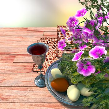 Jewish celebrate pesach passover with eggs, matzo and flowers on nature background