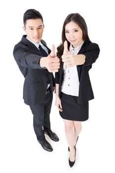 Business man and woman give you a gesture of excellent, full length portrait isolated on white background.