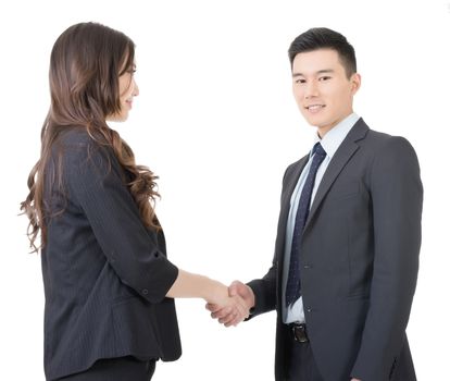 Business woman and man shake hands, closeup portrait isolated on white background.