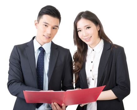 Business man and woman discuss, closeup portrait isolated on white background.