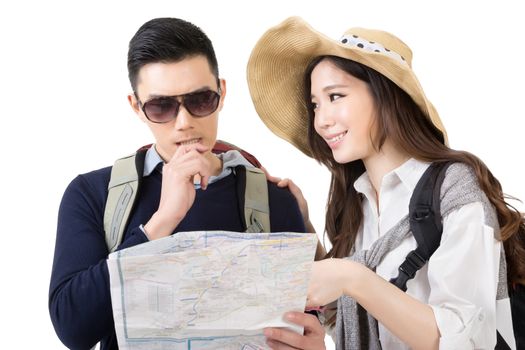 Asian young couple traveling and looking the map, closeup portrait on white background.