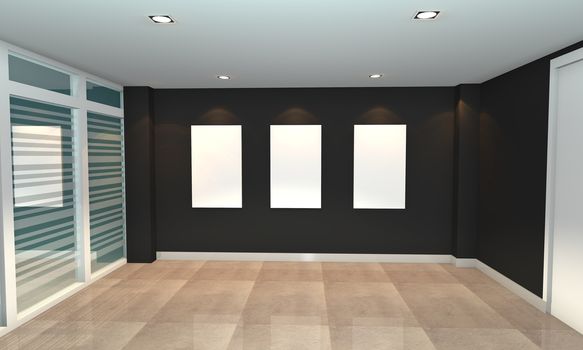 Empty room interior with white canvas on black wall in the gallery.