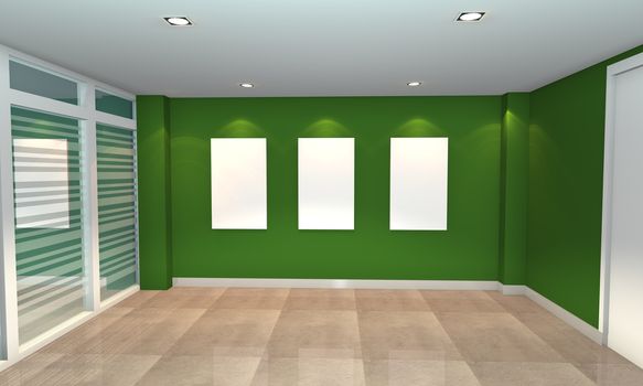 Empty room interior with white canvas on green wall in the gallery.