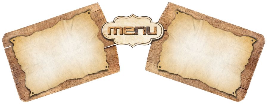 Two empty parchments on used wooden cutting boards, template for a rustic menu
