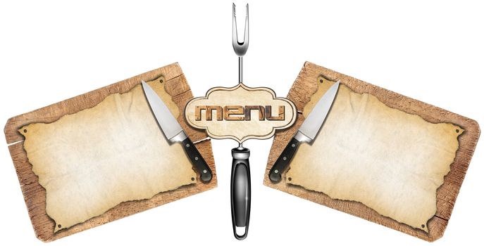 Two empty parchments on used wooden cutting boards and kitchen utensils, template for a rustic menu

