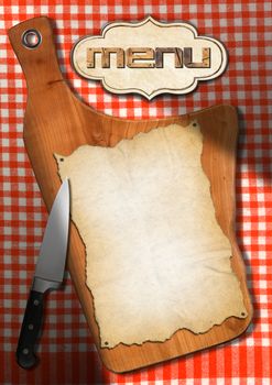 Wooden cutting board with empty parchment on white and red checked tablecloth with label and kitchen knife