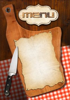 Wooden cutting board with empty parchment on white and red checked tablecloth with label and kitchen knife