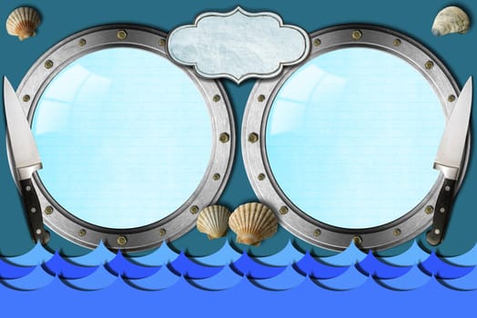 Two metal portholes with blue waves, kitchen knife, empty label and seashells, template for recipes or seafood menu