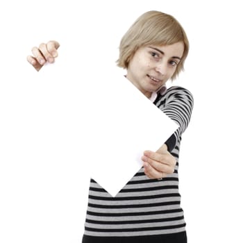 Young blonde woman holding a blank piece of paper.