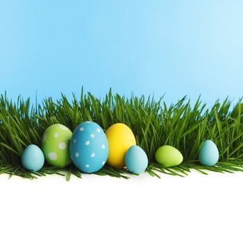 Painted Easter eggs hidden in the grass, isolated on white with copy space