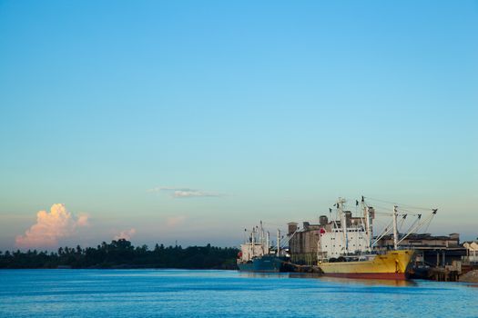 Shipping port. A large cargo ship dock.