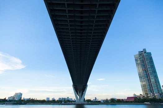 Bridge over a large river. Of surface reflects blue sky. Opposite side of the building in the city.