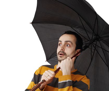 Man with big umbrella, on white