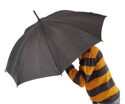 Man with big umbrella, on white