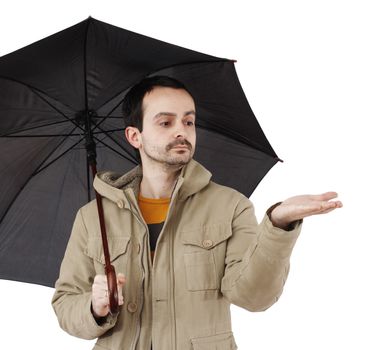 Man with big umbrella, on white