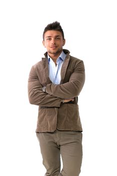 Handsome young man portrait, standing isolated on white, arms crossed on chest