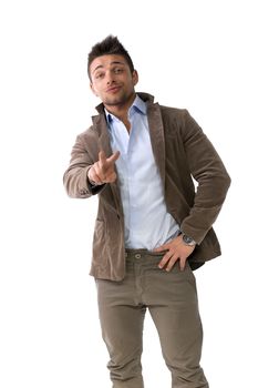 Handsome young man doing victory or peace sign with hand, isolated on white