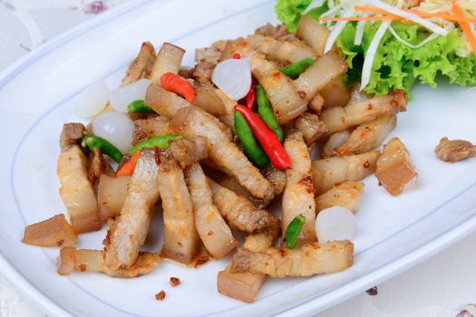 Thai food name fried streaky pork with garlic and chili