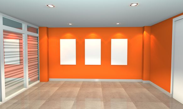 Empty room interior with white canvas on orange wall in the gallery.